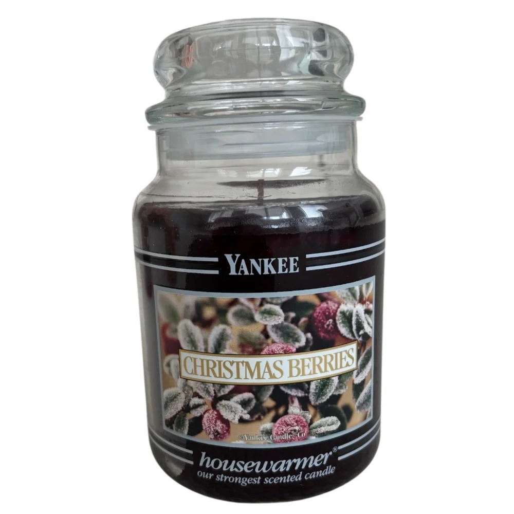 Yankee Candle Jar Christmas Berries Vintage Black Band Burgundy Deep Red 22 Oz